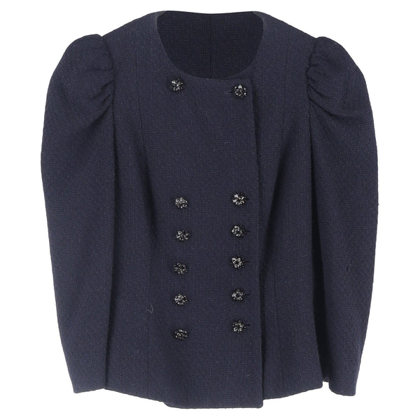 Women's Moschino Double-Breasted Puffed Sleeve Blazer in Navy Blue Wool