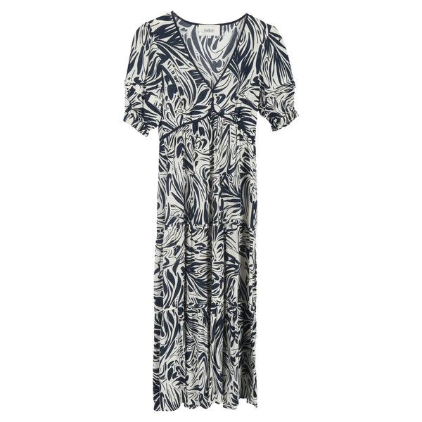 Women's Ba&Sh Calla Abstract-Print Midi Tiered Dress Navy Blue Viscose