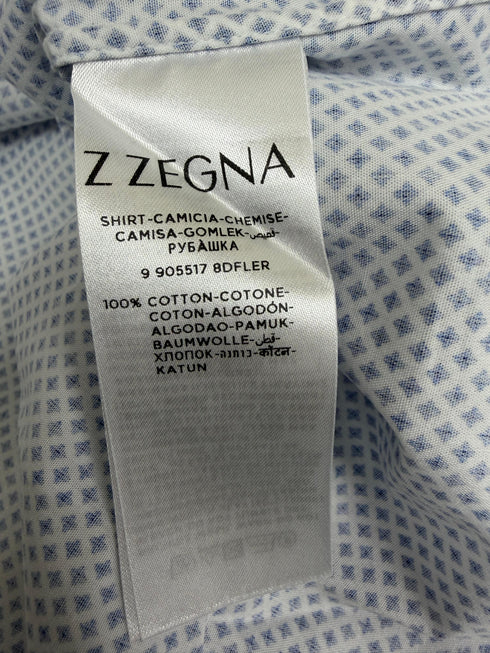 Men's Z Zegna Printed Button-Down Short Sleeve Shirt in Blue Cotton