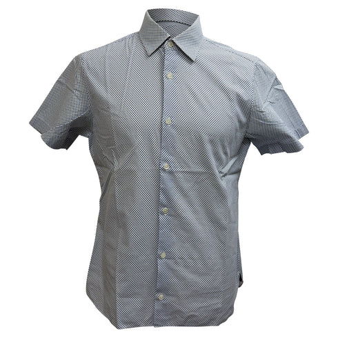 Men's Z Zegna Printed Button-Down Short Sleeve Shirt in Blue Cotton