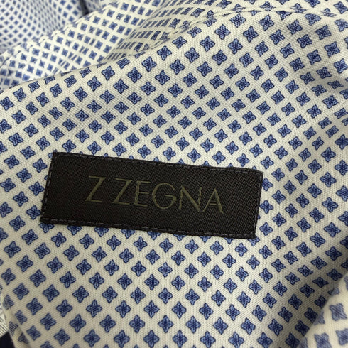Men's Z Zegna Printed Button-Down Short Sleeve Shirt in Blue Cotton