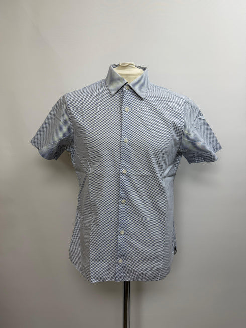 Men's Z Zegna Printed Button-Down Short Sleeve Shirt in Blue Cotton