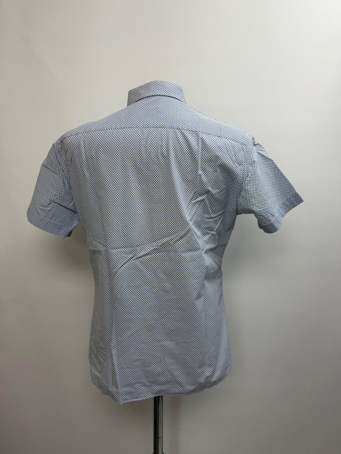 Men's Z Zegna Printed Button-Down Short Sleeve Shirt in Blue Cotton