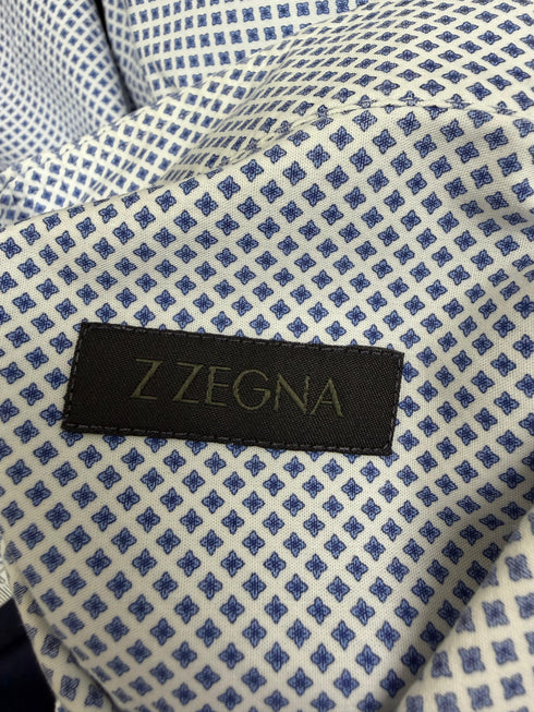 Men's Z Zegna Printed Button-Down Short Sleeve Shirt in Blue Cotton