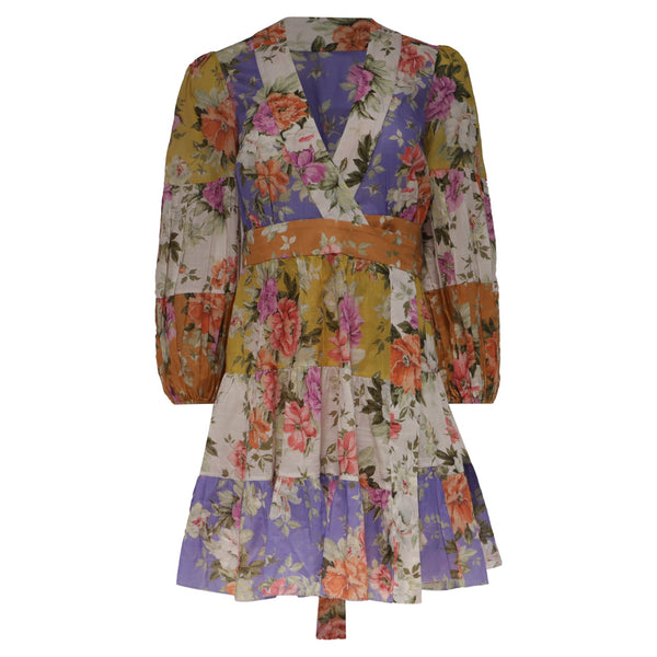 Women's Zimmermann Pattie Belted Voile Wrap Mini Dress in Floral-Print Cotton