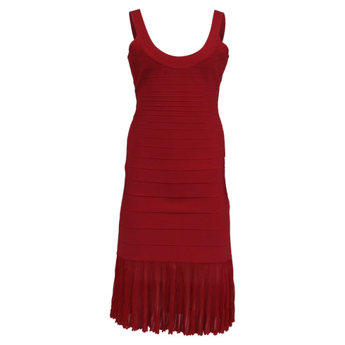 Women's Herve Leger Bandage Pleated Midi Dress in Burgundy Rayon