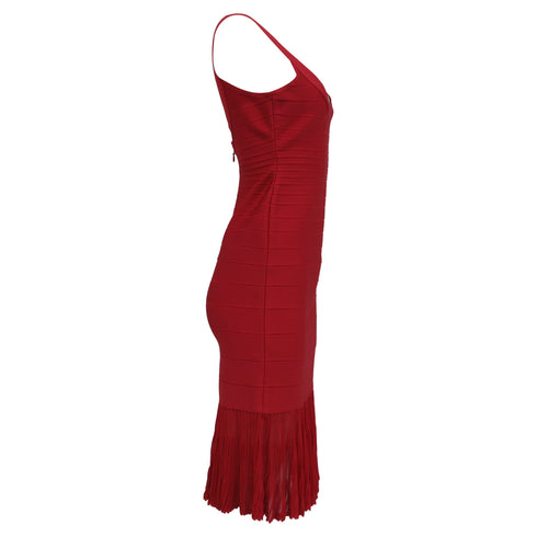 Women's Herve Leger Bandage Pleated Midi Dress in Burgundy Rayon