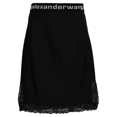 Women's T by Alexander Lace Trimmed Skirt in Black Polyamide