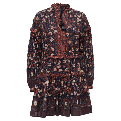 Women's Ulla Johnson Marigold Tasseled Floral-Print Mini Dress in Multicolor Cotton