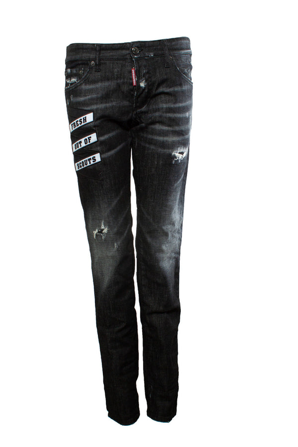 Men's Dsquared2, black jeans with patches