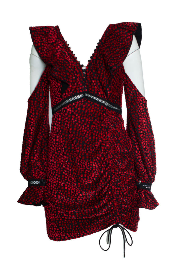 Women's Self portrait, V neck frill mini dress in red