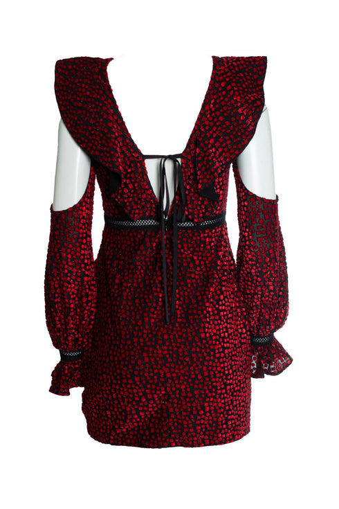 Women's Self portrait, V neck frill mini dress in red