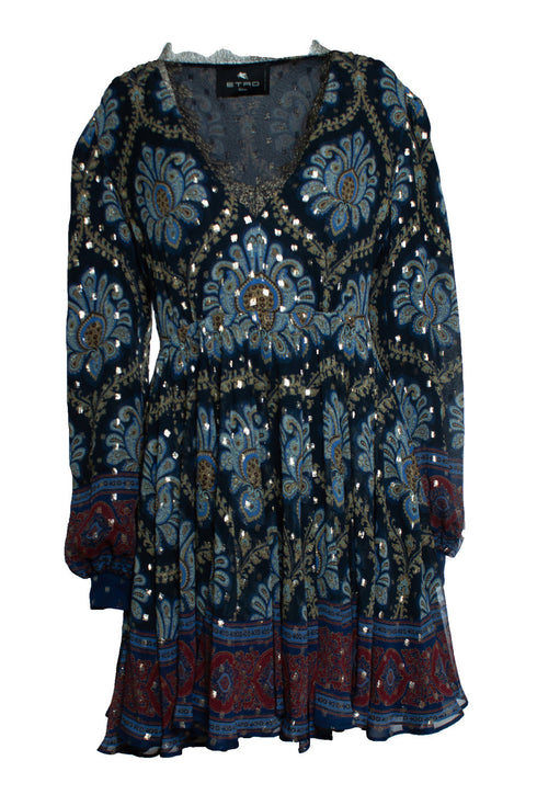 Women's Etro, balloon sleeve silk jacquard minidress in blue