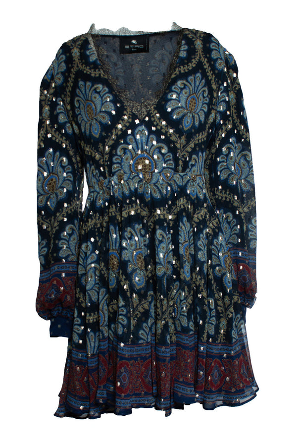 Women's Etro, balloon sleeve silk jacquard minidress in blue