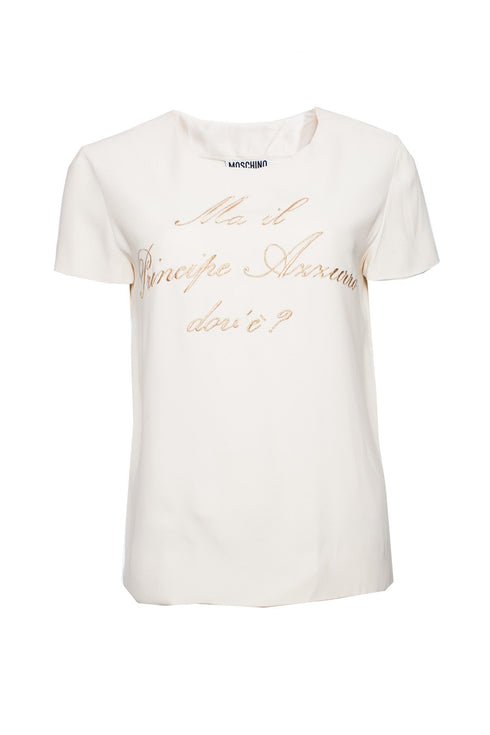 Women's Moschino Couture, Cream-colored top with gold text.