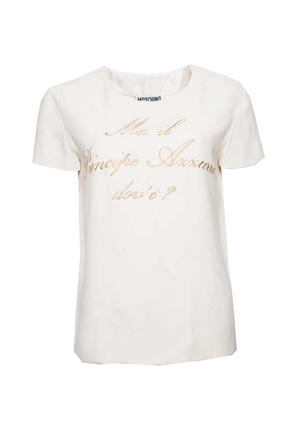 Women's Moschino Couture, Cream-colored top with gold text.