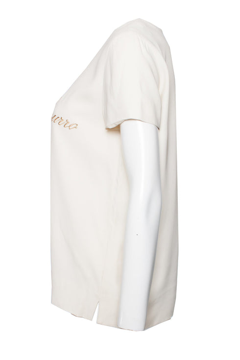 Women's Moschino Couture, Cream-colored top with gold text.