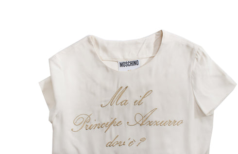 Women's Moschino Couture, Cream-colored top with gold text.
