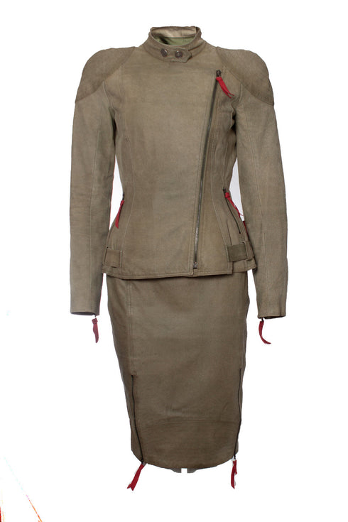 Women's Christian Dior, Green suede biker jacket and skirt