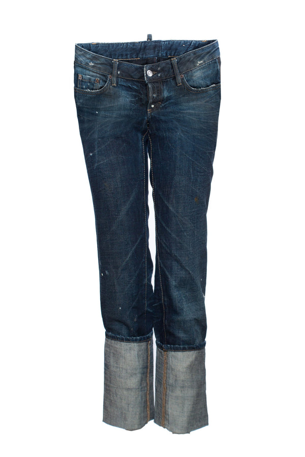 Women's Dsquared2, Blue jeans with extra high turned pipes in size IT42/S.