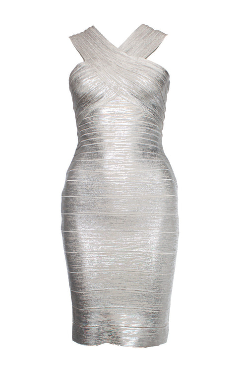Women's Herve Leger by Max Azria, silver off shoulder body con dress