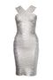 Women's Herve Leger by Max Azria, silver off shoulder body con dress