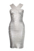 Women's Herve Leger by Max Azria, silver off shoulder body con dress