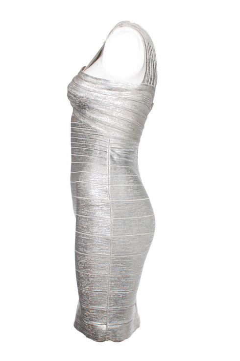 Women's Herve Leger by Max Azria, silver off shoulder body con dress