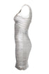 Women's Herve Leger by Max Azria, silver off shoulder body con dress
