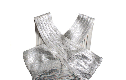 Women's Herve Leger by Max Azria, silver off shoulder body con dress