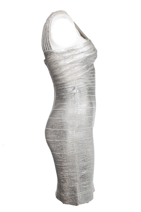 Women's Herve Leger by Max Azria, silver off shoulder body con dress
