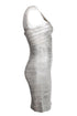Women's Herve Leger by Max Azria, silver off shoulder body con dress