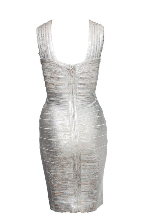 Women's Herve Leger by Max Azria, silver off shoulder body con dress