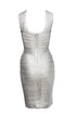 Women's Herve Leger by Max Azria, silver off shoulder body con dress