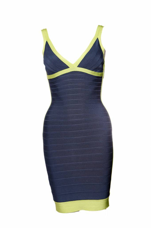 Women's Herve Leger, blue bodycon dress with lime green framing in size S.