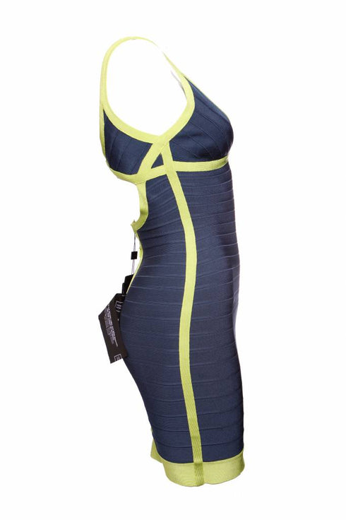 Women's Herve Leger, blue bodycon dress with lime green framing in size S.