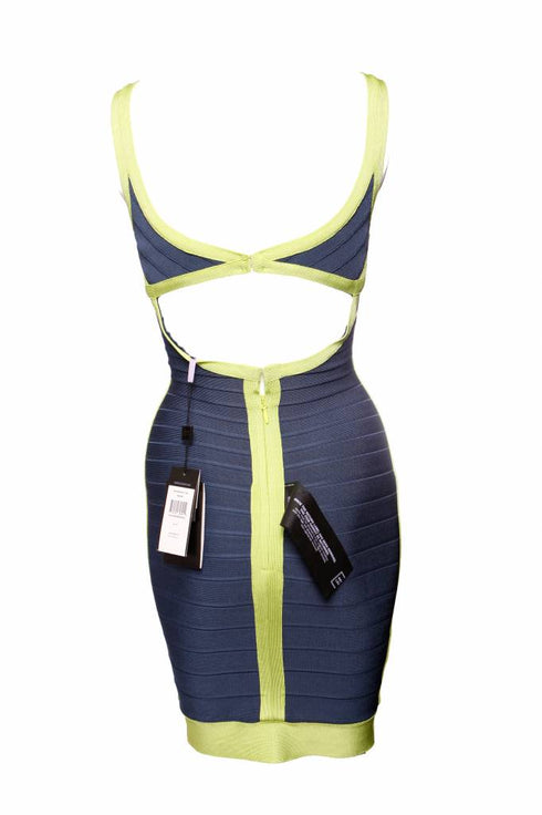Women's Herve Leger, blue bodycon dress with lime green framing in size S.