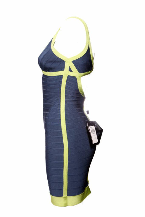 Women's Herve Leger, blue bodycon dress with lime green framing in size S.