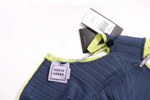 Women's Herve Leger, blue bodycon dress with lime green framing in size S.