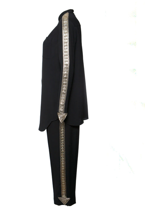 Women's Chloe, Dark blue trousers (36/XS) and blouse (38/S) with silver embroidery along the sleeves and legs.
