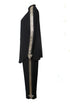 Women's Chloe, Dark blue trousers (36/XS) and blouse (38/S) with silver embroidery along the sleeves and legs.