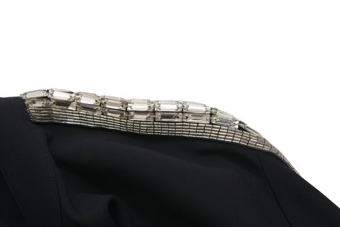 Women's Chloe, Dark blue trousers (36/XS) and blouse (38/S) with silver embroidery along the sleeves and legs.