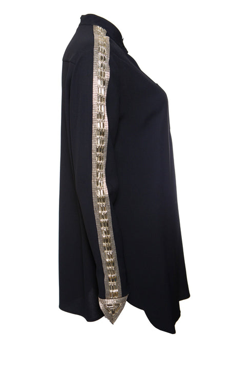 Women's Chloe, Dark blue trousers (36/XS) and blouse (38/S) with silver embroidery along the sleeves and legs.