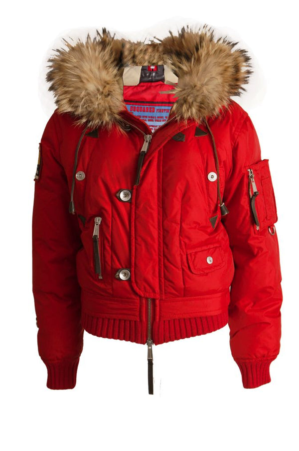 Women's Dsquared2, red bomber parka with fur collar.