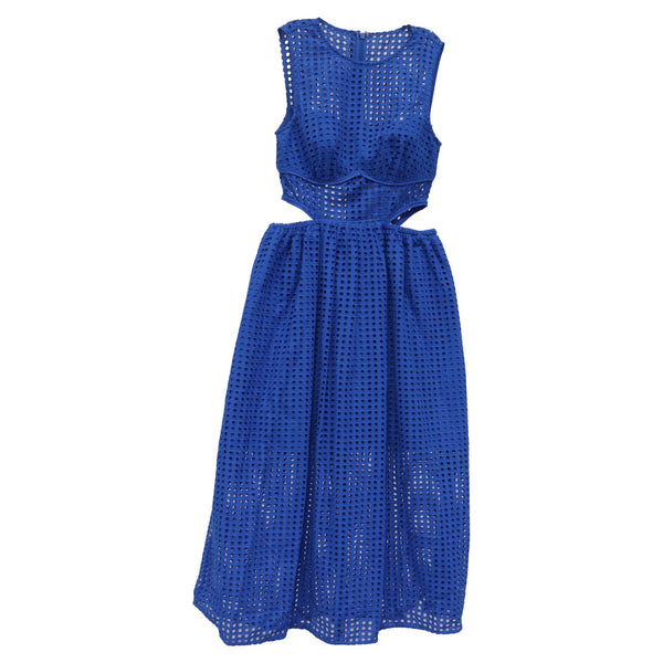 Women's Self-Portrait Cutout Broderie Anglaise Midi Dress in Blue Cotton