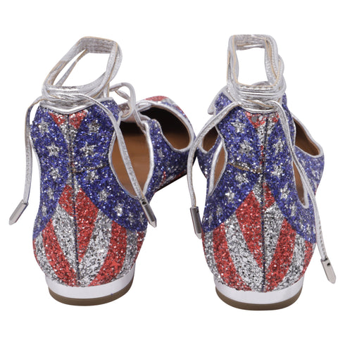 Women's Aquazzura Christy USA Flag Ballet Flats in Multicolor Glitter
