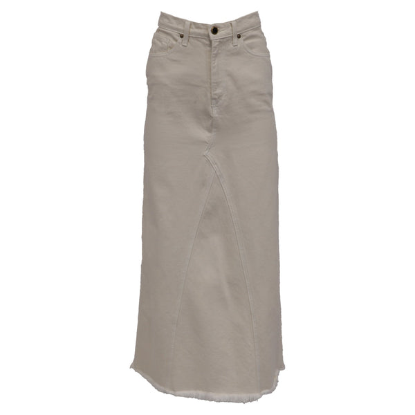 Women's Khaite Raw-Edge Trim Midi Length Skirt in White Denim