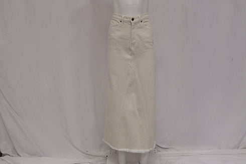 Women's Khaite Raw-Edge Trim Midi Length Skirt in White Denim