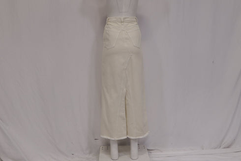 Women's Khaite Raw-Edge Trim Midi Length Skirt in White Denim