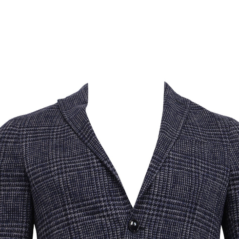 Men's Etro Plaid Tweed Single-Breasted Balzer in Navy Blue Cotton